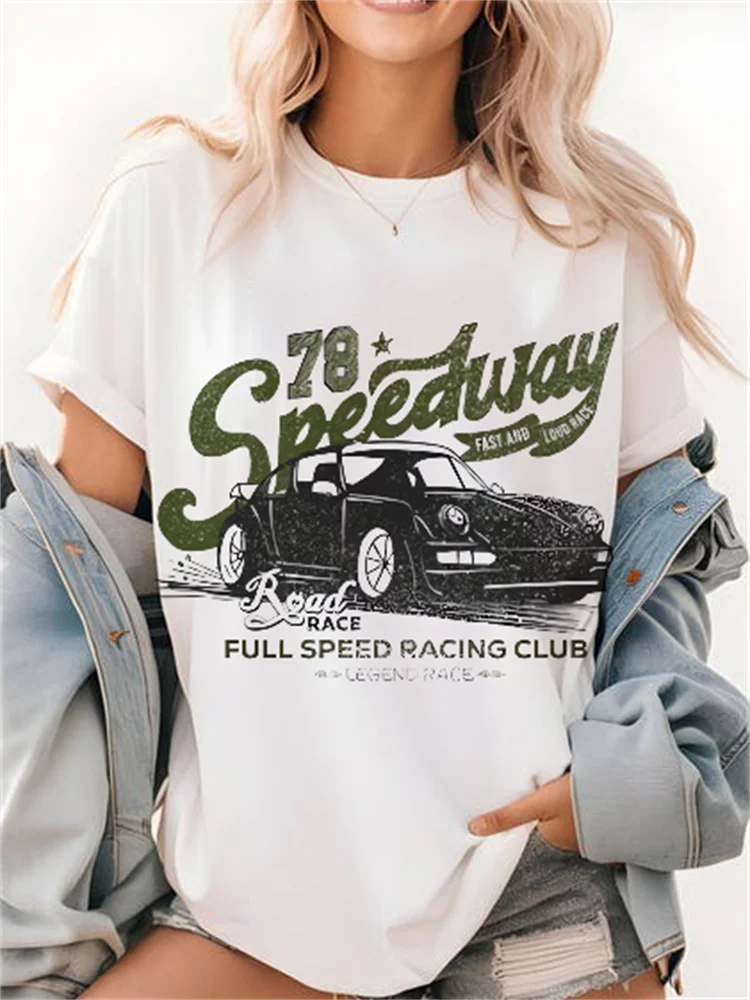 

Speedway Racing Pattern Retro Printed T-Shirt Printed Women's Cute Casual Trendy Versatile Travel Street Short Sleeved T-Shirt