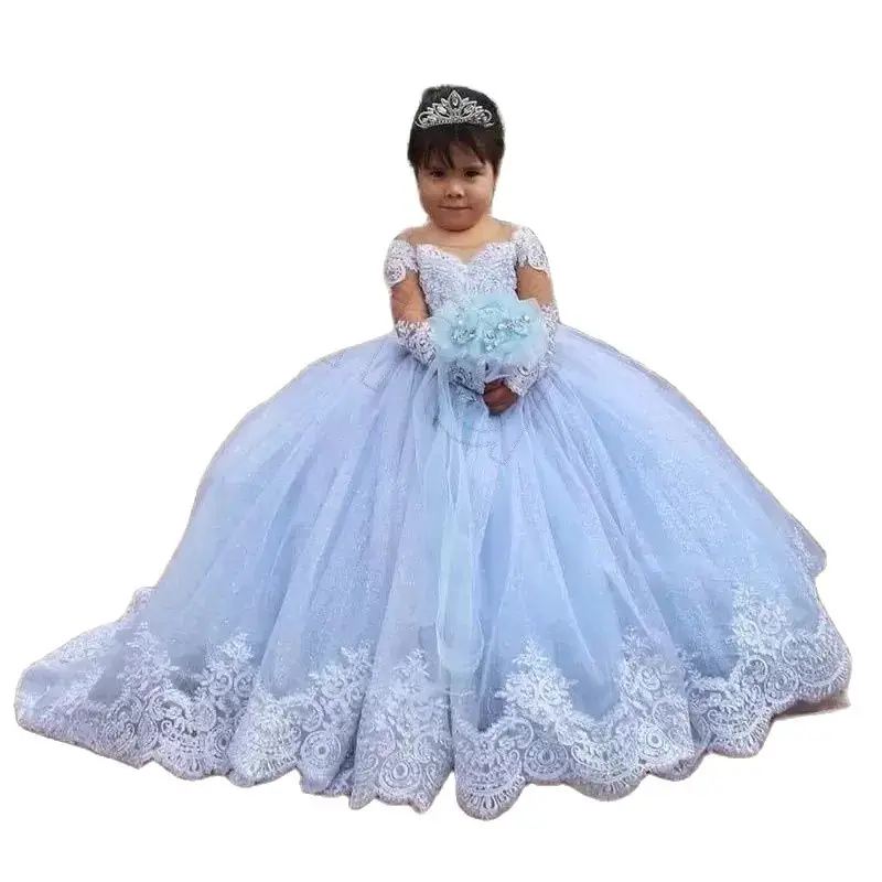 Light Sky Blue Puffy Flower Girl Dresses Long Sleeves For Wedding Lace Appliqued Toddler Pageant Ball Gown Tulle Custom Made