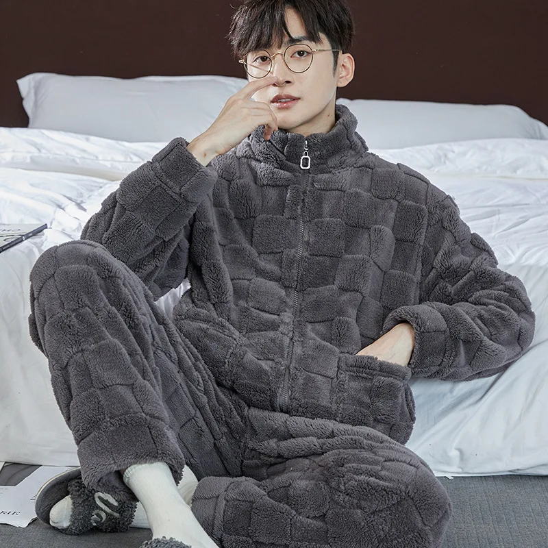 KIDWHXR Men Thicken Warm Pajamas Sets Winter Stand Collar Top Straight-leg Pant Man 2 Piece Sleepwear Set Male Loungewear Outfit