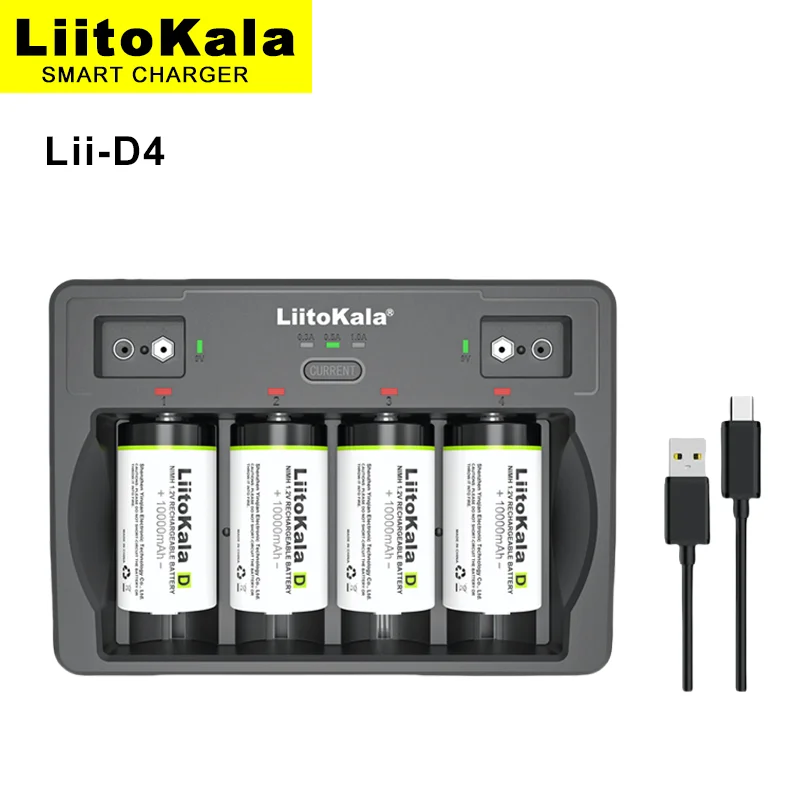 LiitoKala Lii-D4 9V 26650 18650 21700 18500 26700 16340 22650 AA AAA C SC D 3.7V 1.2V Lithium NiMH Smart Battery Charger