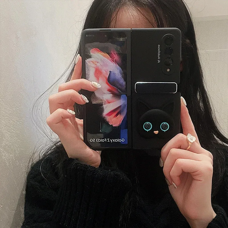 Fashion Cute Cartoon Cat Metal Folding Stand Holder Black Matte Skin Phone Case Cover For Samsung Galaxy Z Fold 7 6 5 4 3 2 5G