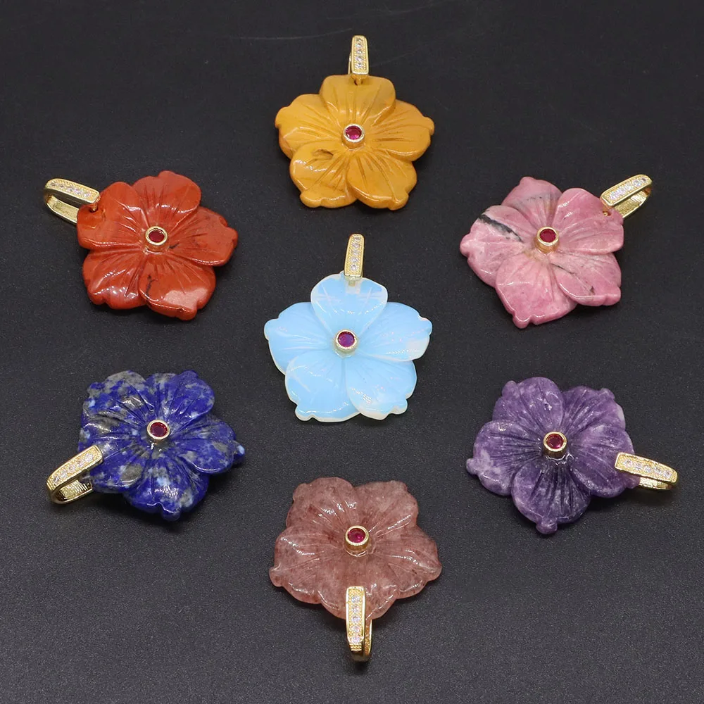 

28mm Peach Flower Gemstones Natural Stone Amethyst Tiger Eye Rose Quartz Healing Crystal for Jewelry Making DIY Pendant Necklace