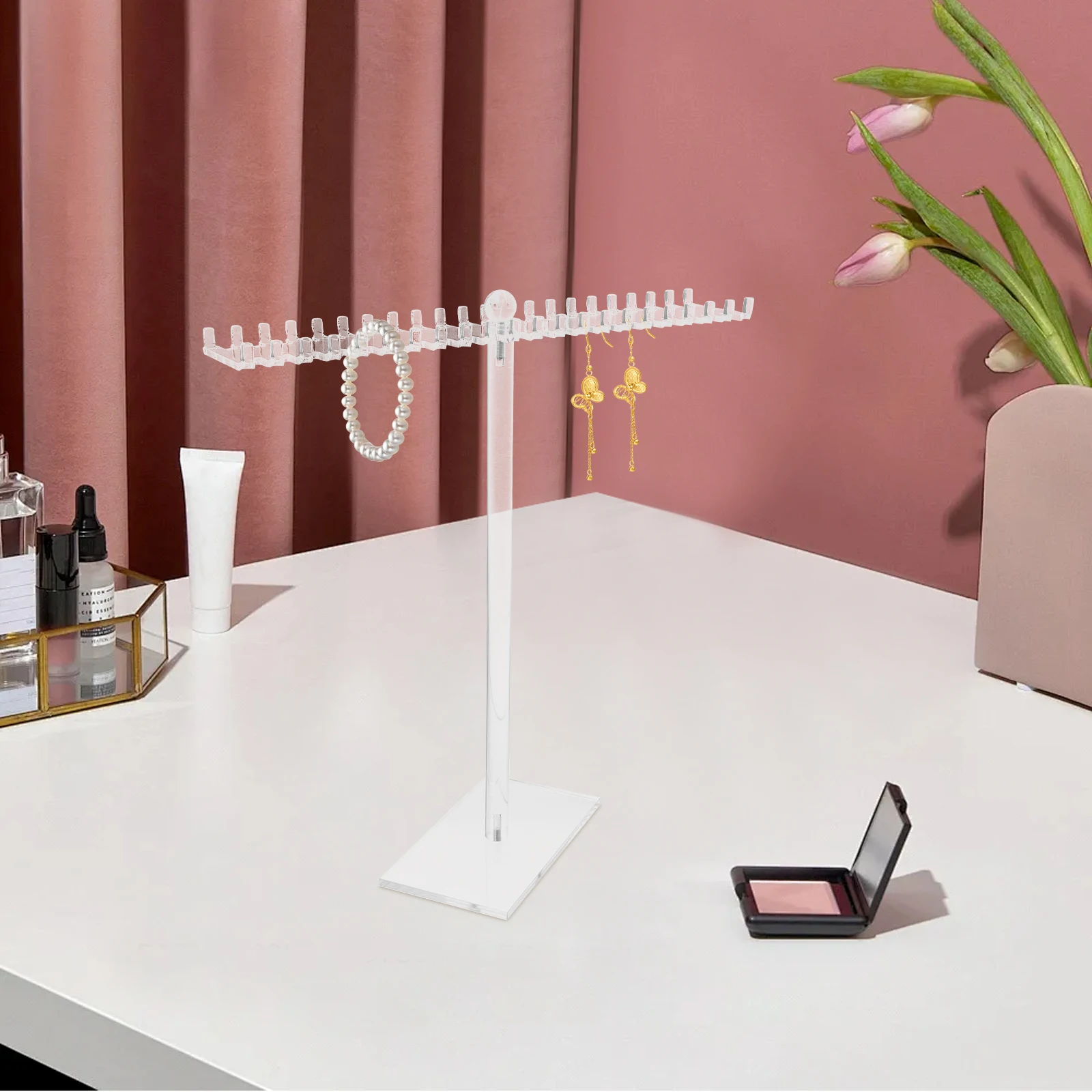

1pc Multifunctional Acrylic Jewelry Stand Necklace Holder Clear Organizer T-Bar Display Rack For Earrings Rings Bracelets Watch