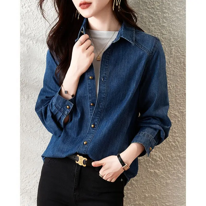 Women\'s Spring Autumn Turn-down Collar Solid Distressed Button Cardigan Long Sleeve Denim Coats Casual Office Lady Vintage Tops