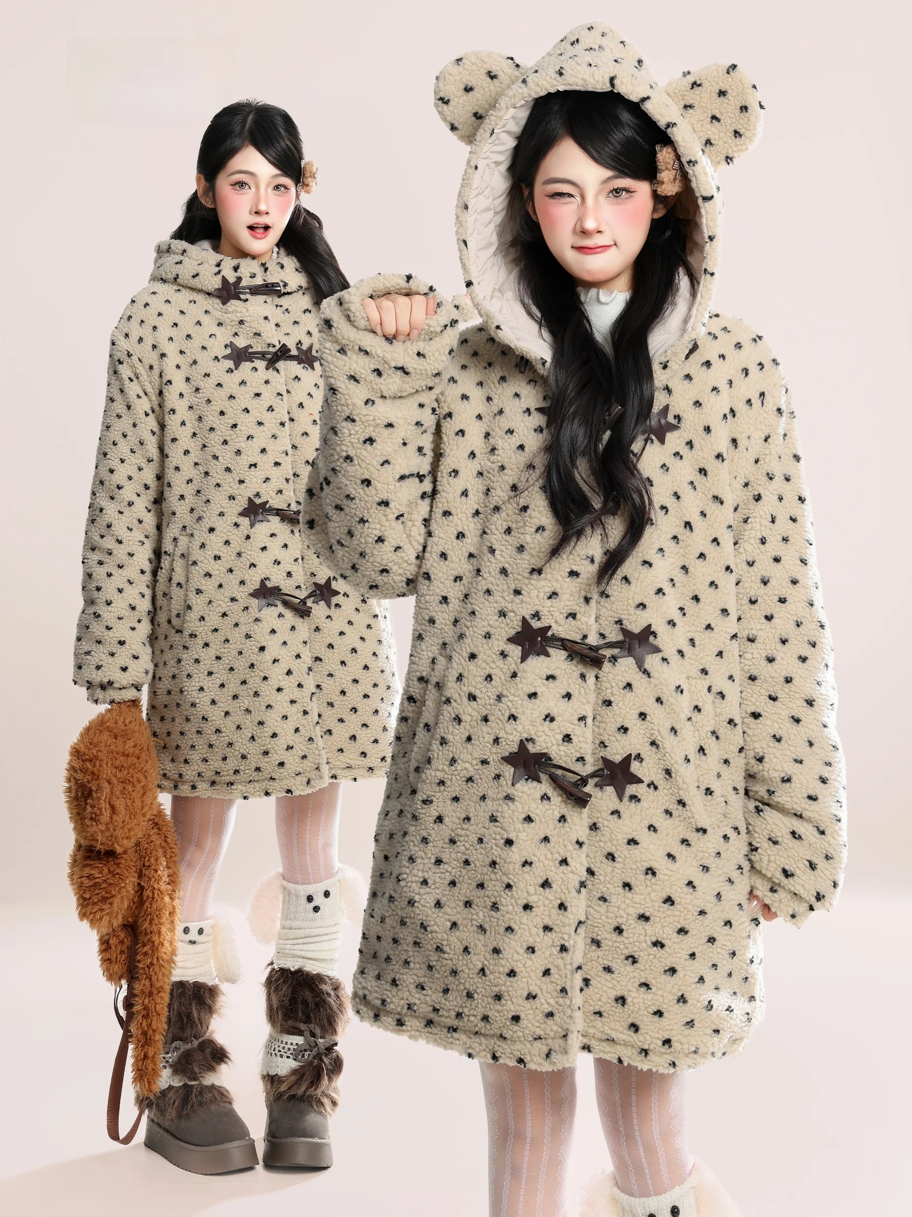 

Утепленная женская куртка HM из искусственного меха с ушками медведя, свободного кроя, повседневная, теплая, хлопковая, в студенческом стиле