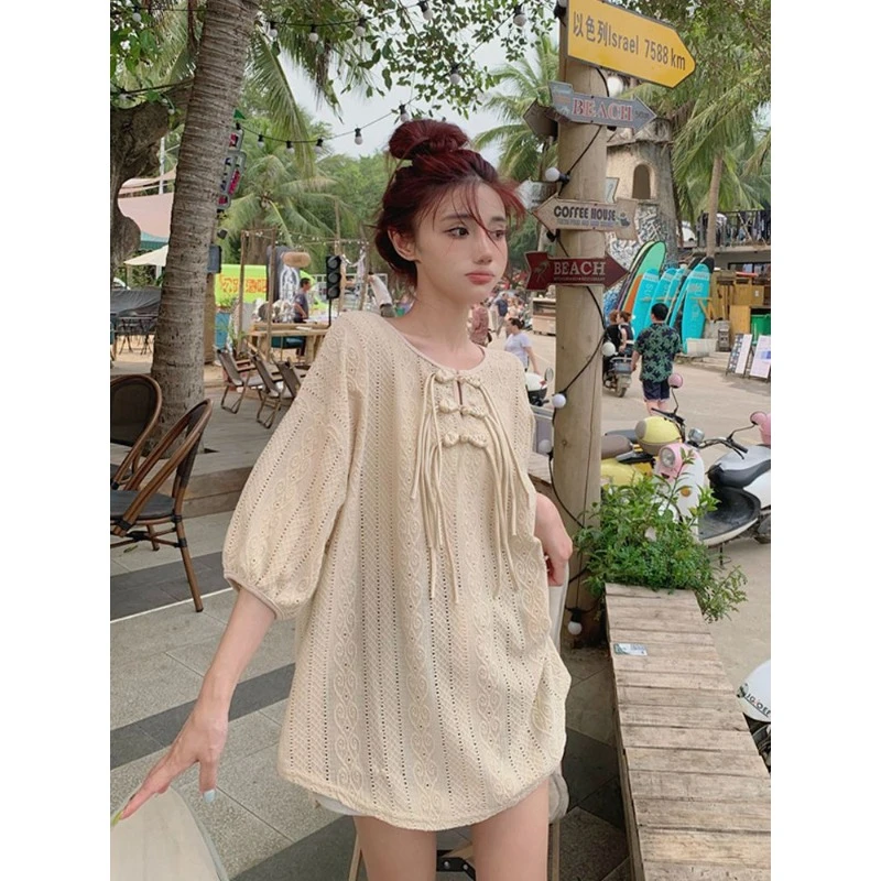 

Vacation Style Unique Bubble Short Sleeve Female Summertime Sense of Design Loose Half Sleeve National Customs Button Top Loose