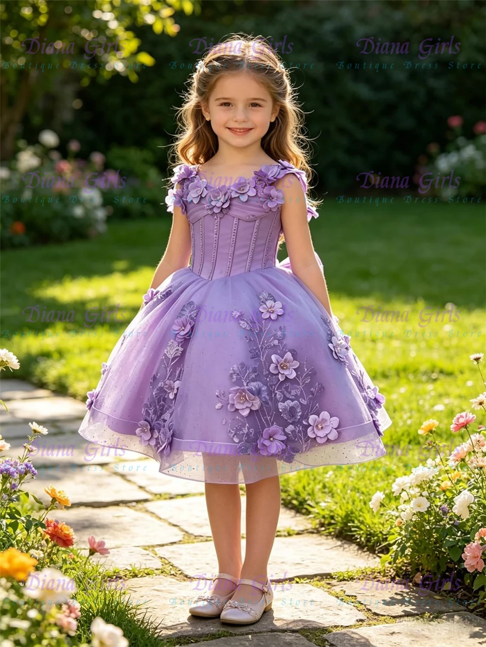 Quality Gorgeous Flower Girl Dress for Wedding 3D Flower Pageant Dress for Girls with Bow Lace Applique Girls Party Dresses