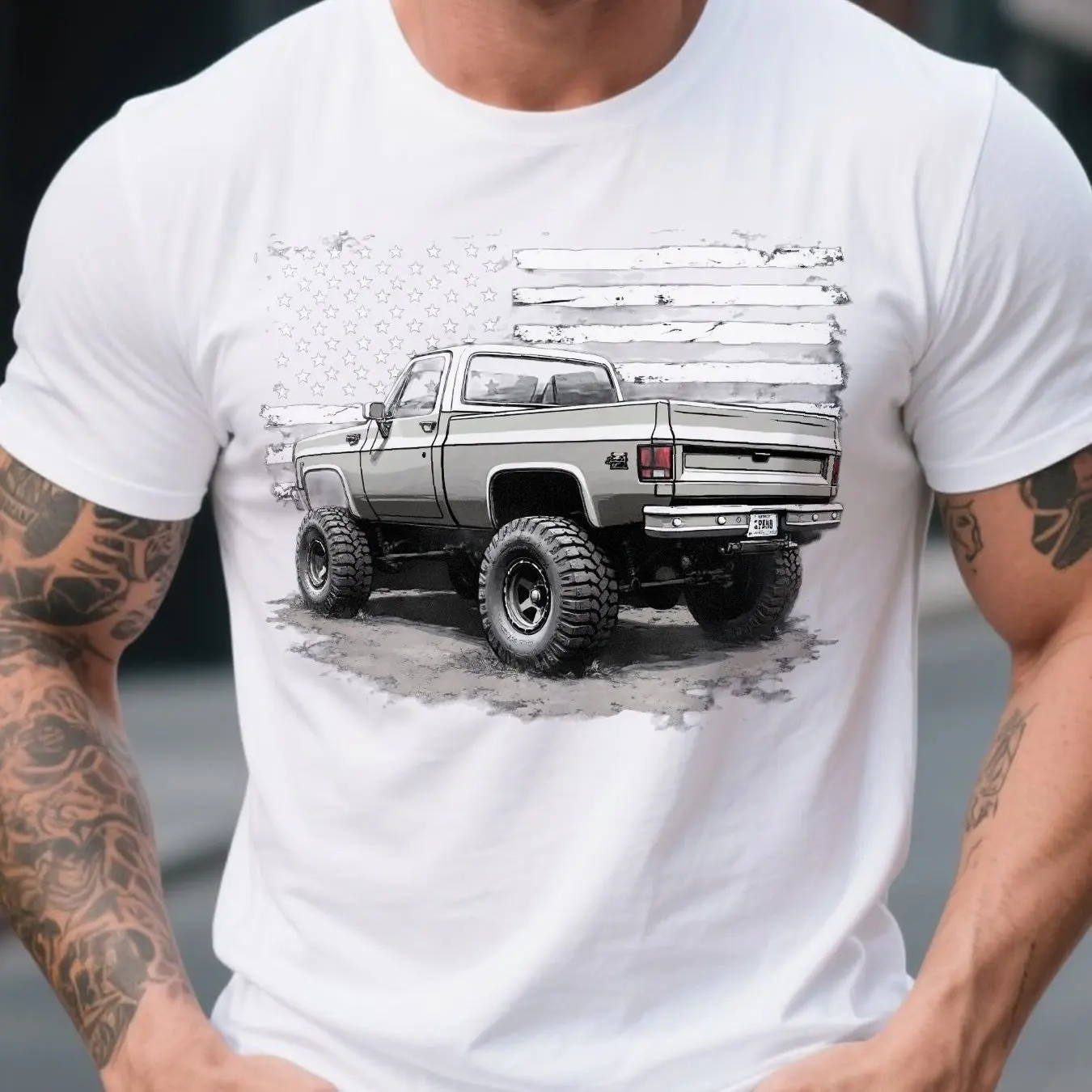 Vintage Distressed Flag Classic Pickup Truck T-Shirt  Cotton Short Sleeve Retro Off-Road Tee with Truck Design Men Clothing