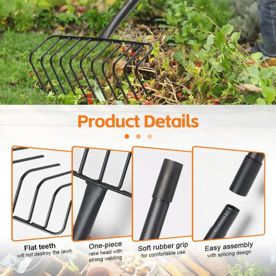 Ancinho de jardim resistente com 11 alvos de metal para uma coleção eficiente de agulhas e folhas de pinho com escova de grama morta de feno em grande Ya