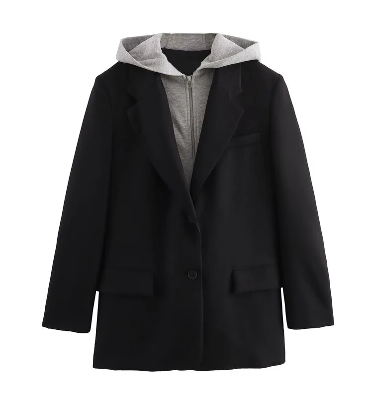 Winter New Women's Loose Fit Suit Jacket with Hood Patchwork Design Long Sleeve Classic Style Fashionable Ladies' Coat