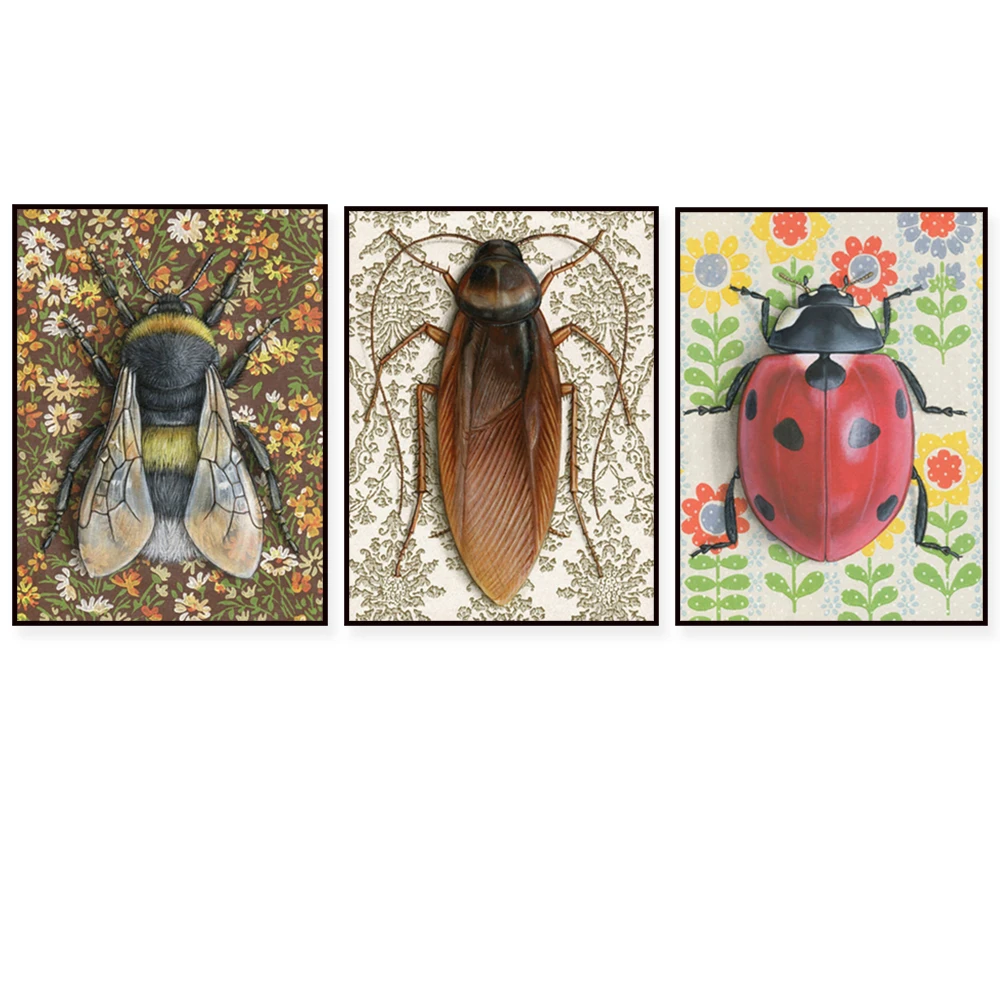 Firefly, cigarra, abeja, cucaracha, luna polilla, libélula, mariposa buckeye, mariquita, estampado de insectos, arte natural, cartel de decoración de pared
