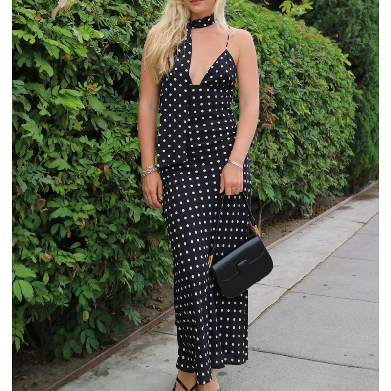 Combhasaki Women Y2k Vintage Dots Print Long Cami Slip Dress Summer Backless Spaghetti Strap Sleeveless Ruffle Dress with Scarf