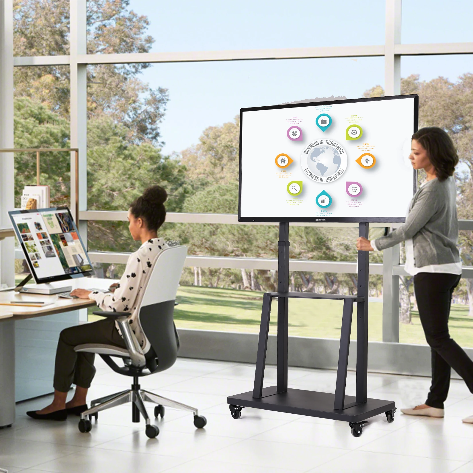 Large Floor TV Stand with 2 Shelves Height Adjustable Mobile TV Mount Bracket for 32-85 inch LCD LED