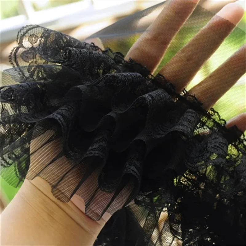 12CM Wide Four Layers White Black Tulle Mesh Embroidery Guipure Lace Ruffle Trim Princess Dolls Fluffy Dress Fringe Sewing Decor