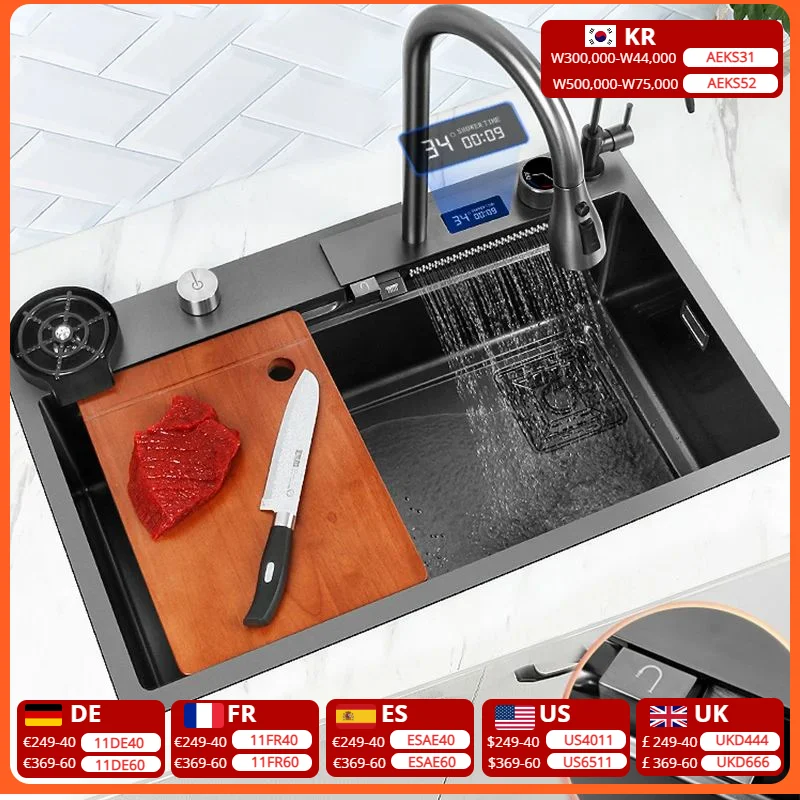 

Waterfall Sink Kitchen Stainless Steel Topmount Sink Large Single Slot Wash Basin With Multifunction Touch Waterfall Faucet