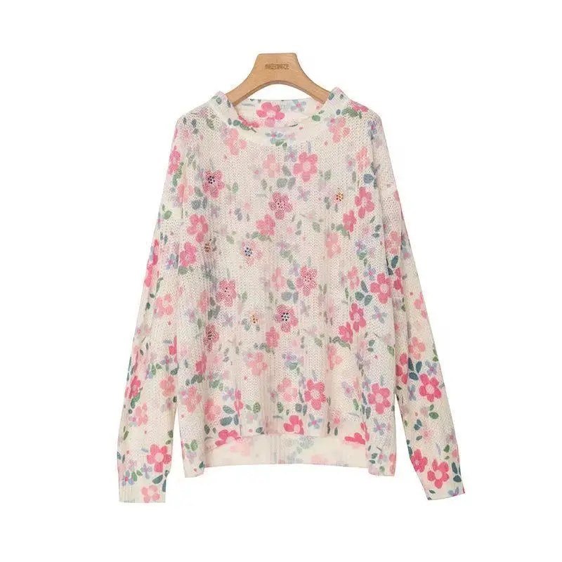 Spring Autumn New Round Neck Long Sleeve Sweater Women High Street Floral Printing Pullovers Elegant Cute Fashion All-match Tops