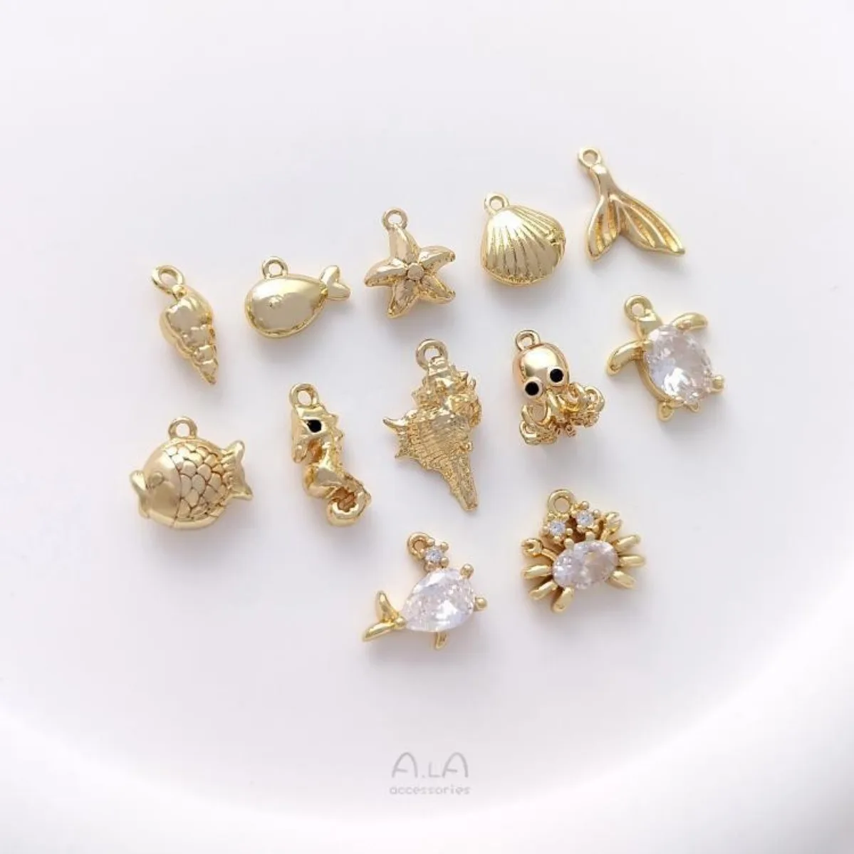 Brass 14K Gold Plated Anti-Tarnish Marine Conch Scallop Starfish Whale Charms DIY Bracelet Earring Jewelry Findings