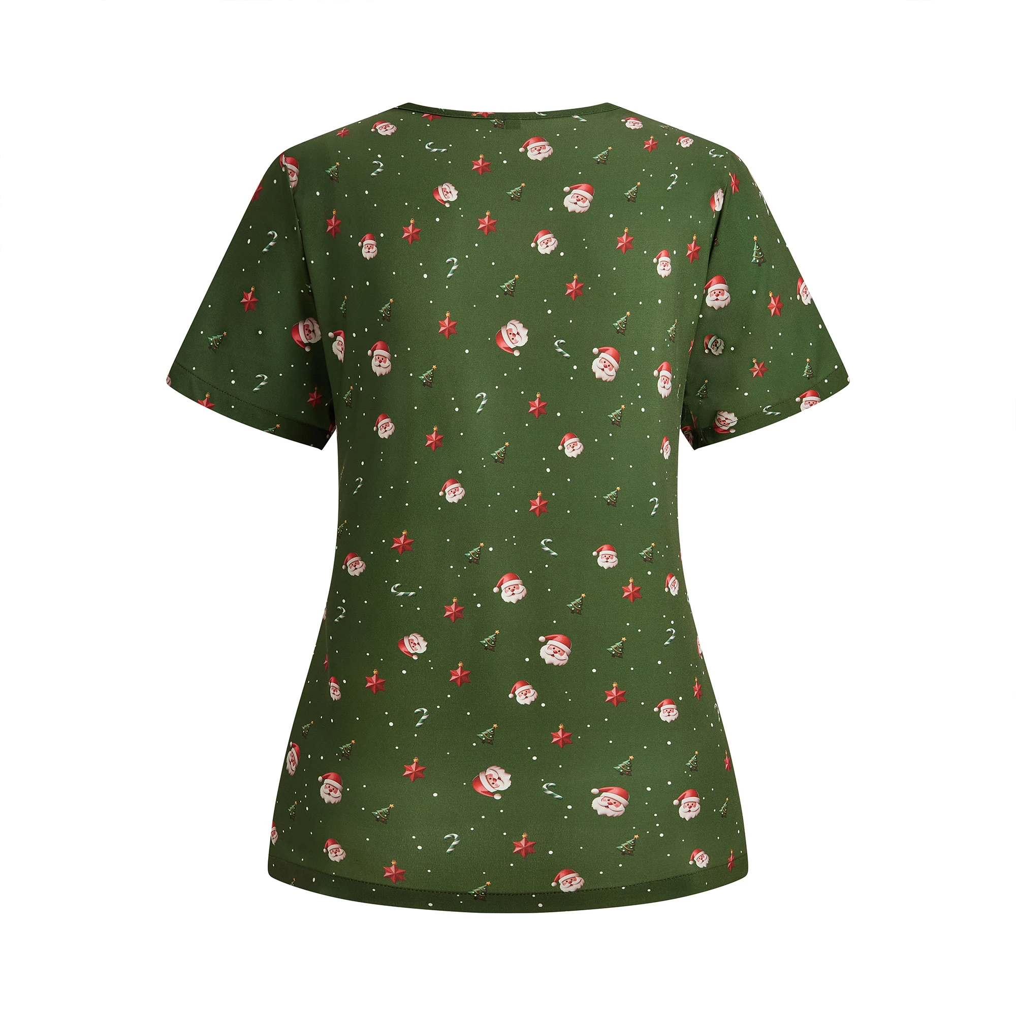 【クリスマス】女性用スクラブトップ グリーン 3D サンタクロースプリント ホリデーワークウェア 看護師 医師 歯科医 外科用漫画ユニフォーム