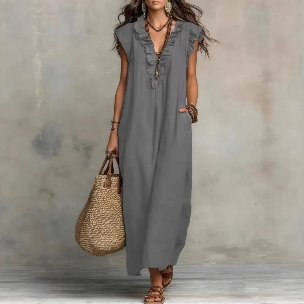 Women Bohemian V Neck Flutter Sleeve Maxi Dress Summer Casual High Waist Flowy Beach Long Dresses Loose Fit Sun Dress - Image 2