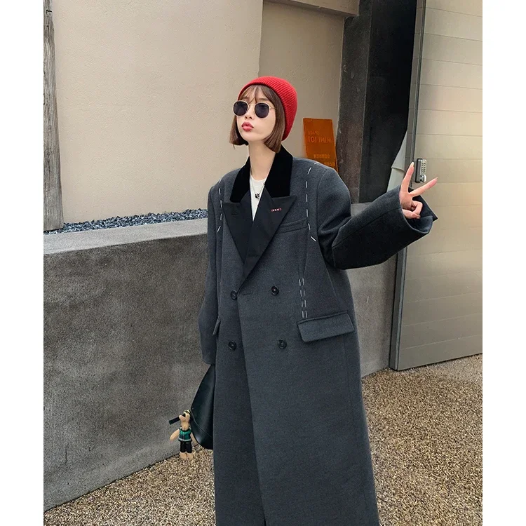 Woolen Coat Women 2024 Winter Grey Loose Patchwork Lapel Long Style Woollen Jackets High Fashion Outerwear