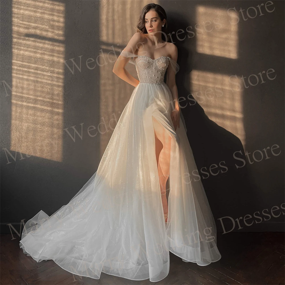 

Graceful Modern A Line Women's Wedding Dresses Elegant Sweetheart Beaded Bride Gowns Sexy High Side Split فساتين حفلات الزفاف