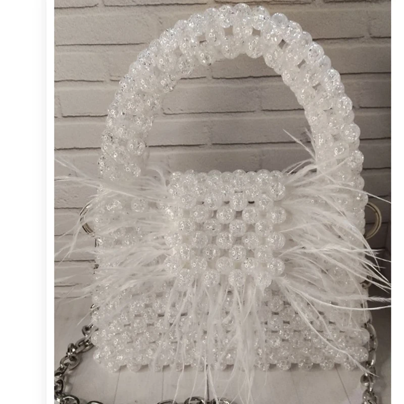 Customized Bursting Bead Handmade Acrylic Beaded Handbag New Fashion Designer Feather Decoration Dinner Chain Crossbody Bags