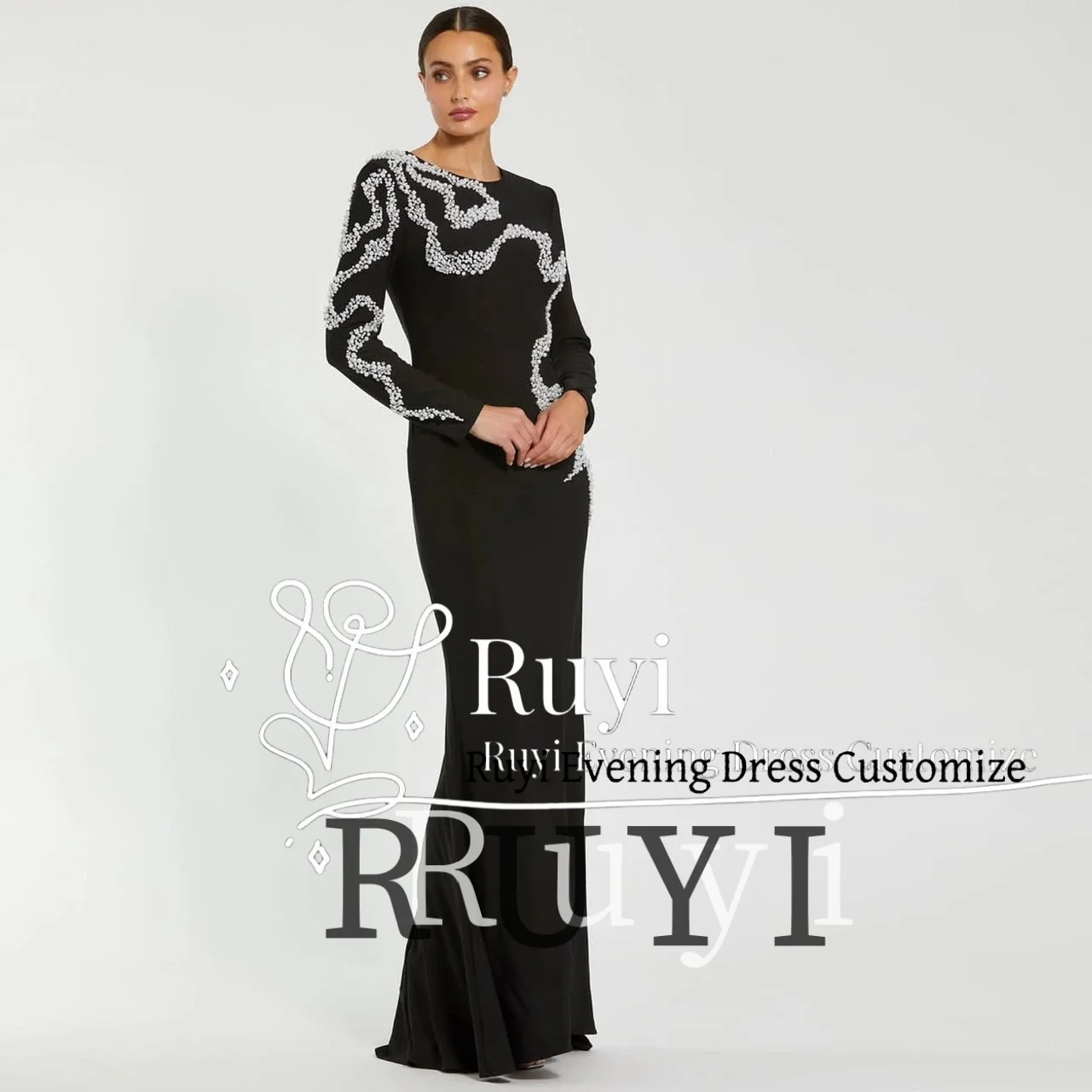 

Роскошные вечерние платья с круглым вырезом и белыми бусинами по индивидуальному заказу, 2021, женское черное свадебное элегантное вечернее платье с длинными рукавами, платье для выпускного вечера