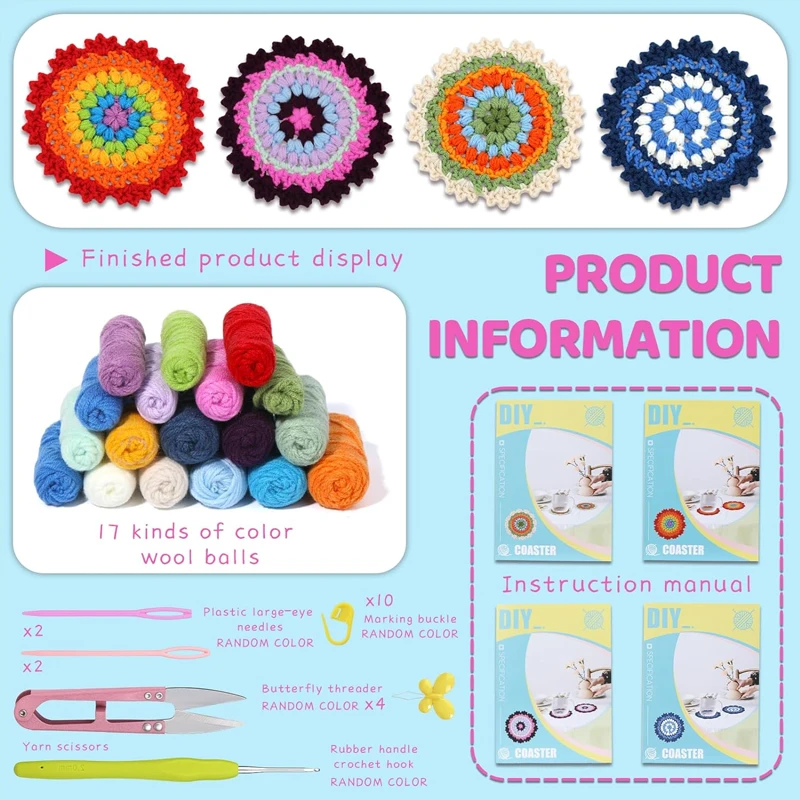 Various Crochet Hook Coasters Kit Knitting Material Kit Crochet Supplies with Soft Yarn Video Tutorials for Adults and Starter