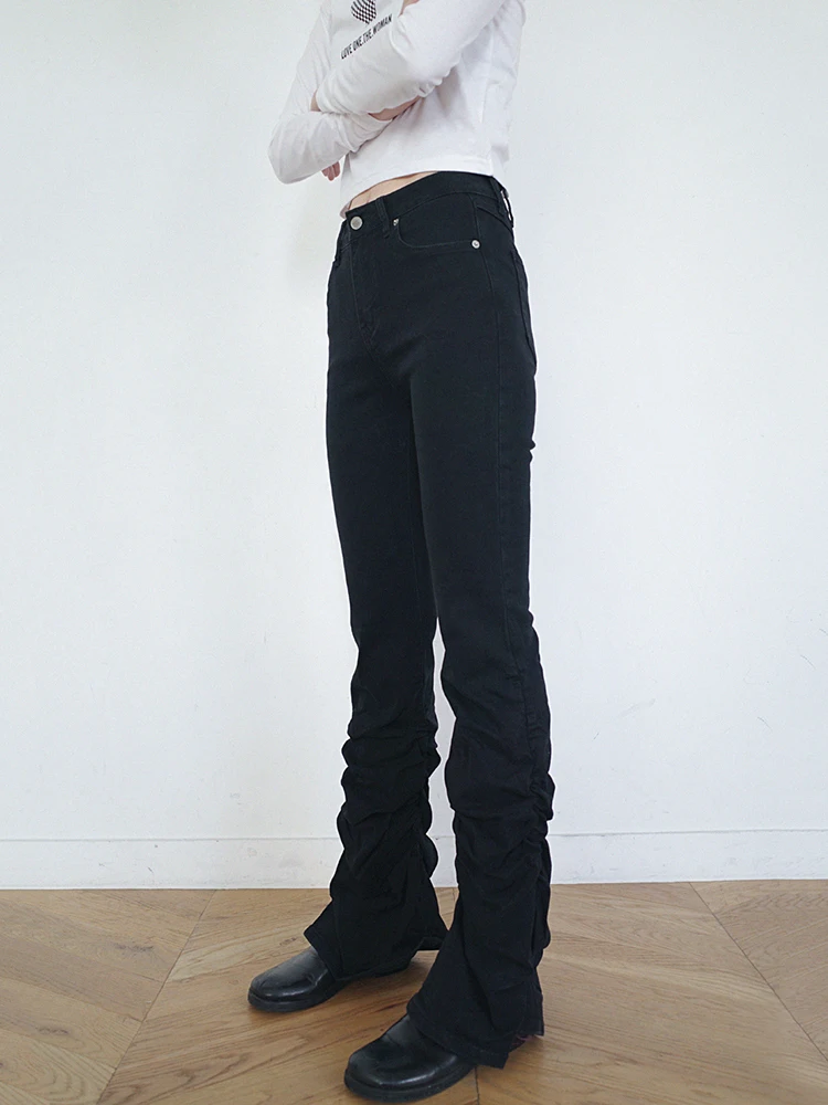 REDDACHiC الجرونج النساء Shirred Bootcut الدنيم السراويل عادي أسود عالية الخصر تمتد ضيق مضيئة الجينز الرجعية Y2k كوريا جرس قيعان