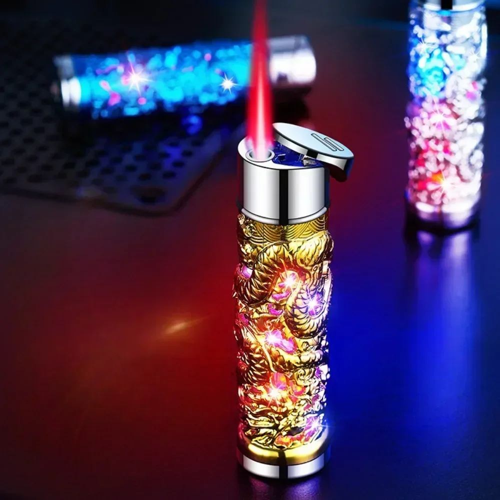 Red Flame Lighter Flash Relief Dragon Windproof Butane Torch Gas Lighter Straight Fire Cigarettes Lighter Creative Smoker Gift