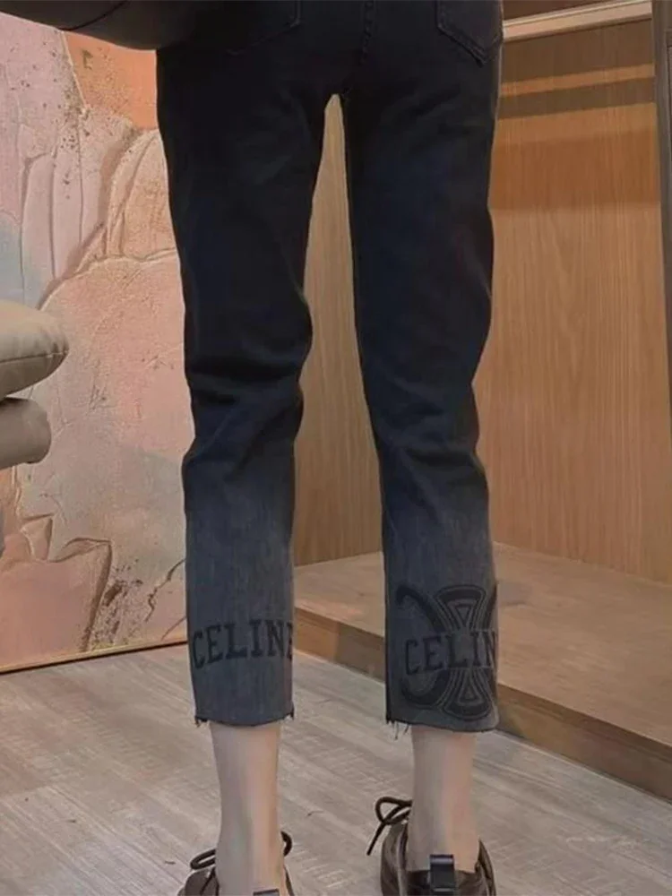 Y2k Women's Jeans Figure Straight Jeans Women's Plus-size Fat Autumn New Design Sense Gradient Thin Pipe Cropped Pants