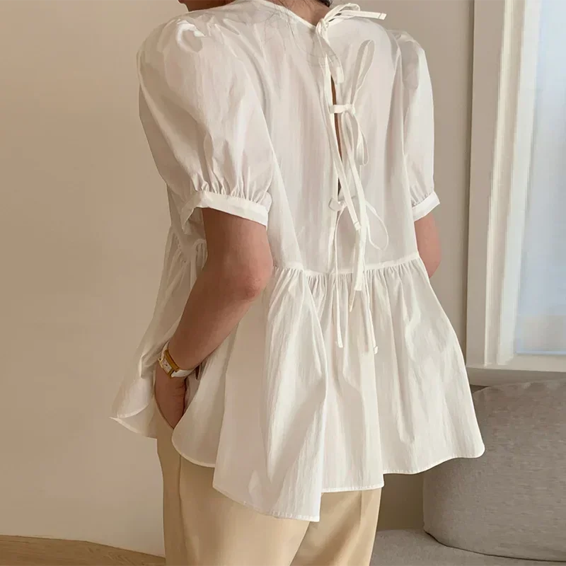 Coréen surdimensionné lâche femmes chemise été nouveau dos pansement coton blanc Blouses femmes décontracté plissé bureau montre de sport 15483