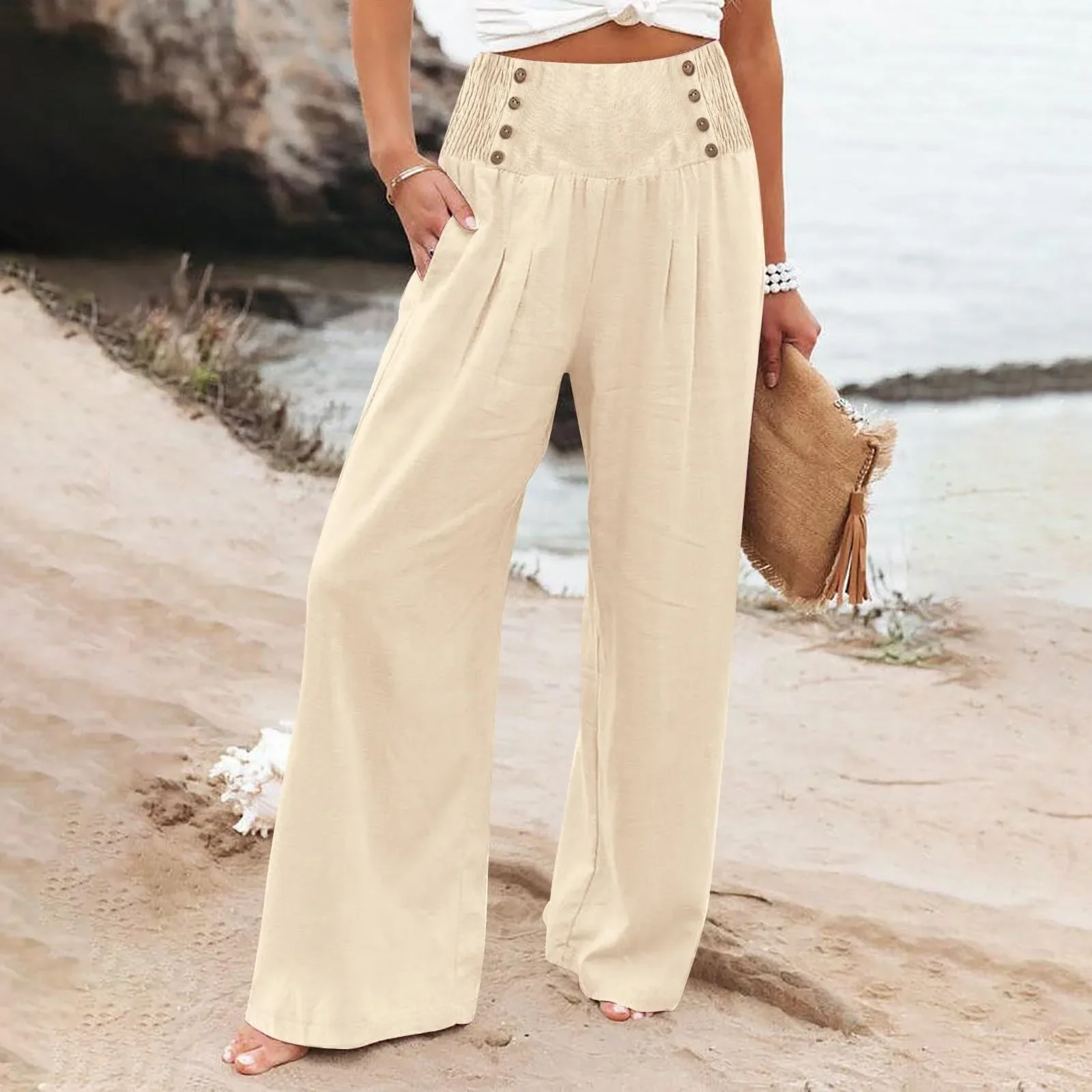 Spring Summer Cotton Linen Style Women Loose Long Trousers Leisure Solid High Waist Ruched Beach Wide Leg Pants with Pocket