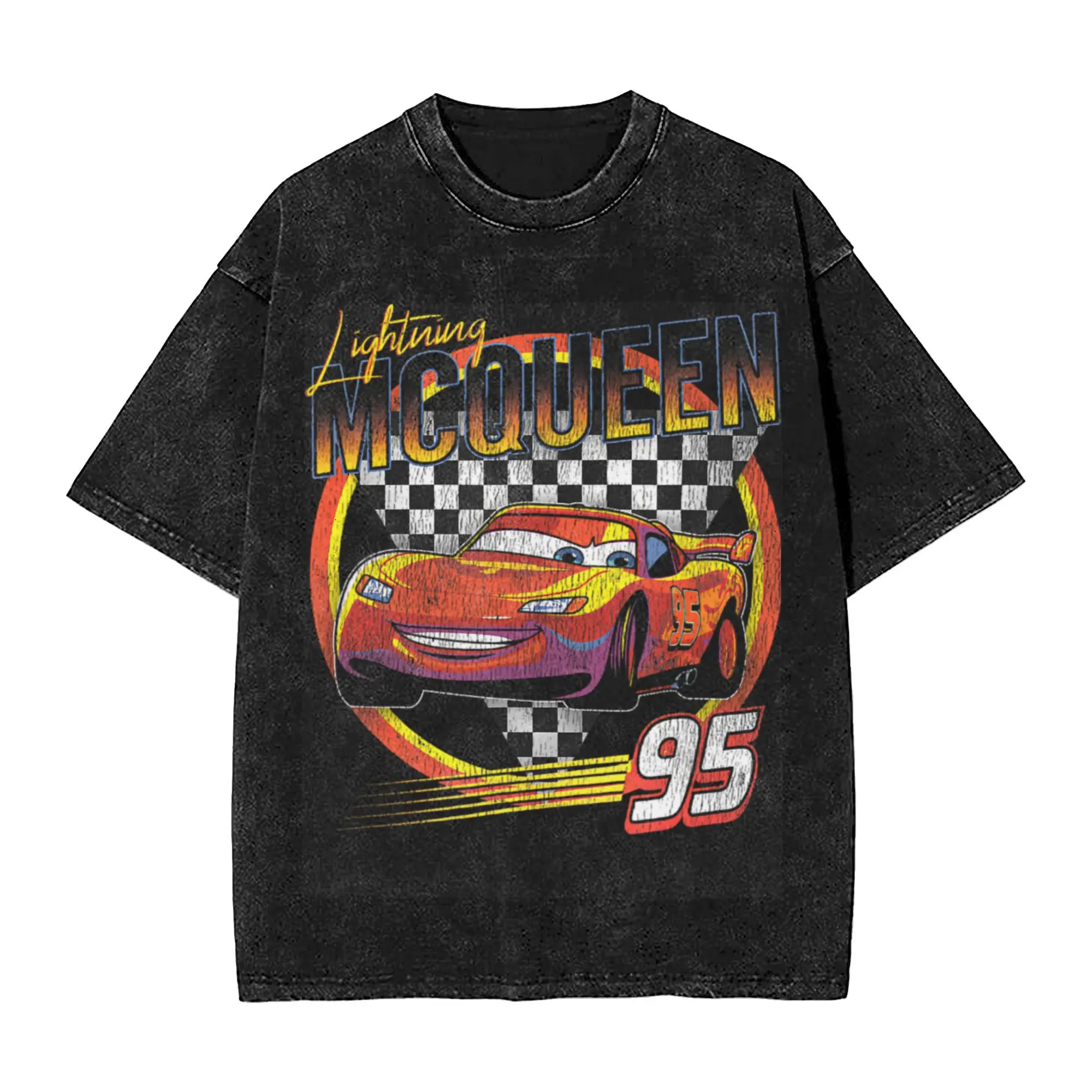 Cars Lightning Mcqueen Vintage Race T Shirt Hip Hop Washed Harajuku T-Shirt  Fashion for Men Women Tops Streetwear Printed Tees