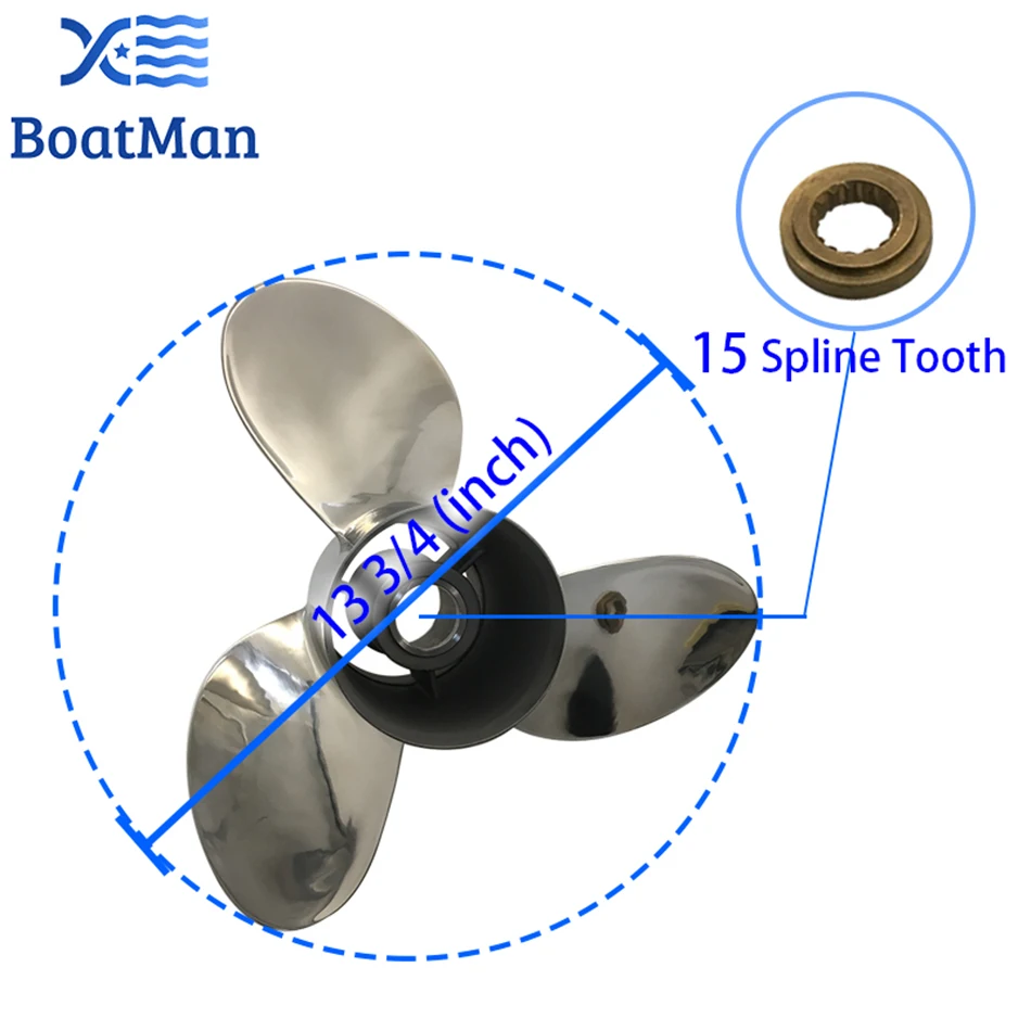 BOATMAN Outboard Propeller 13 3/4X17 For Suzuki Engine DT150-DT225 HP Stainless Steel 15 Tooth Splines Boat Parts SS13-3400-017