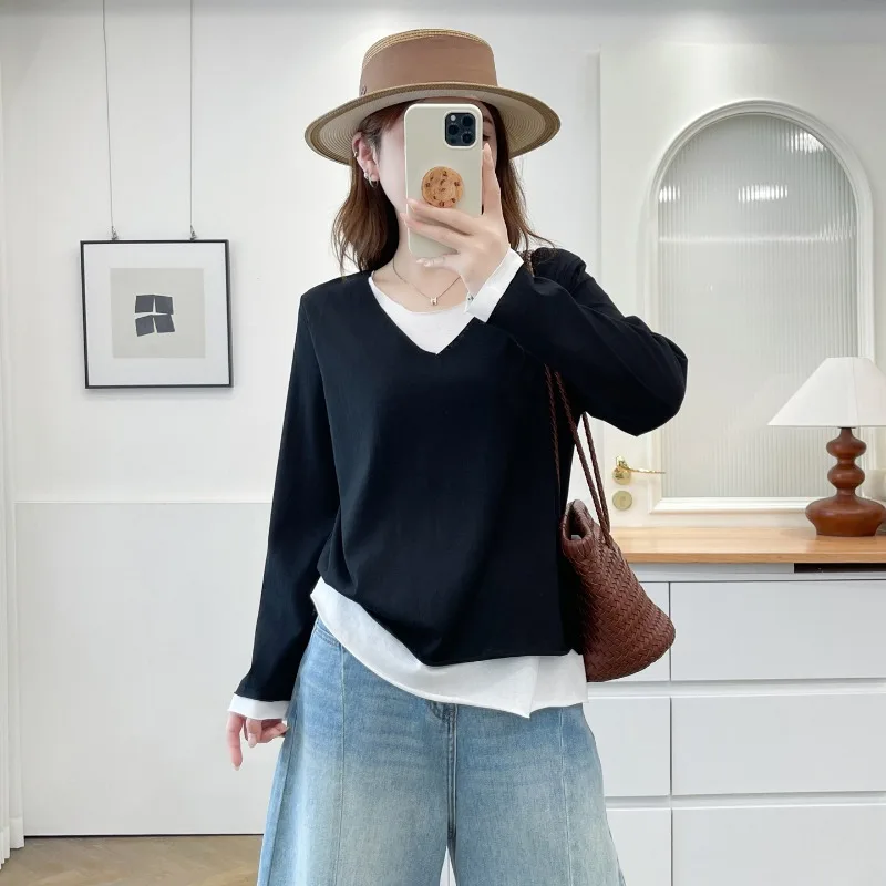 Women  Long Sleeve T Shirt Autumn Fake Two Piece V Neck Slim Hide Belly Versatile Casual Base Top