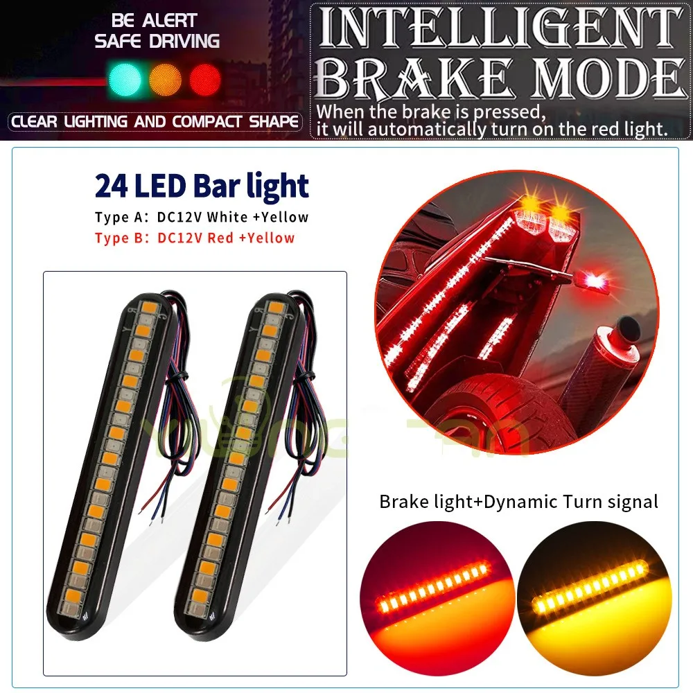 Motorcycle Tail Light Bar LED Brake Stop Turn Signal Red Amber Color Integrated 24LEDs Motorbike License Plate Light 12V