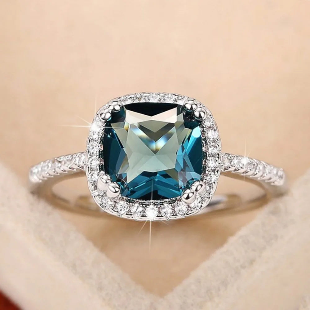 Luxury Sparkle Court Style Tanzanite Blue Square Halo 5A Zircon Rings for Women Wedding Engagement Party Jewelry Anti-Allergy