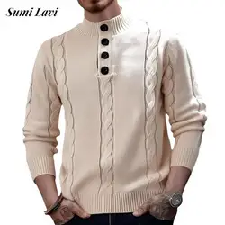 Vintage Twist Crochet Mens Sweaters 2024 Autumn Casual Slim Buttoned Stand Collar Sweater For Men Fashion Solid Color Knit Tops