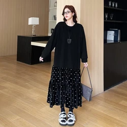 Autumn Winter Women's Thick Hoodies Dresses Plus Size Loose Cake Style Lady Vestido Long Sleeve Velvet Patchwork Print Clothes