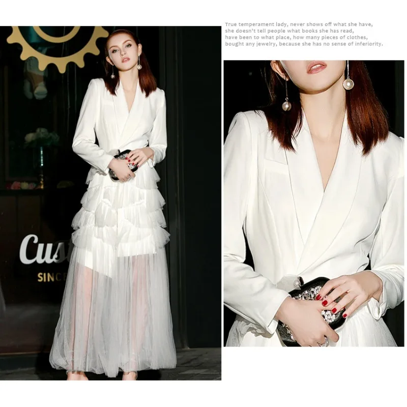 فستان نسائي فاخر مرقع شبكي أنيق أسود وأبيض بأكمام طويلة وطية صدر السترة فساتين الحفلات الكشكشة فستان الكيك تصميم عصري