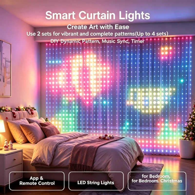 Christmas Window Lights, Smart RGB Curtain String Lights with App Remote Control Music Sync DIY Pattern Display and Timer