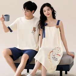 Couple Pajama Set Summer Cute Cartoon Pyjamas Men Sleeveless Pijamas 100% Cotton Women Sling Nightgown Lovers Sleepwear