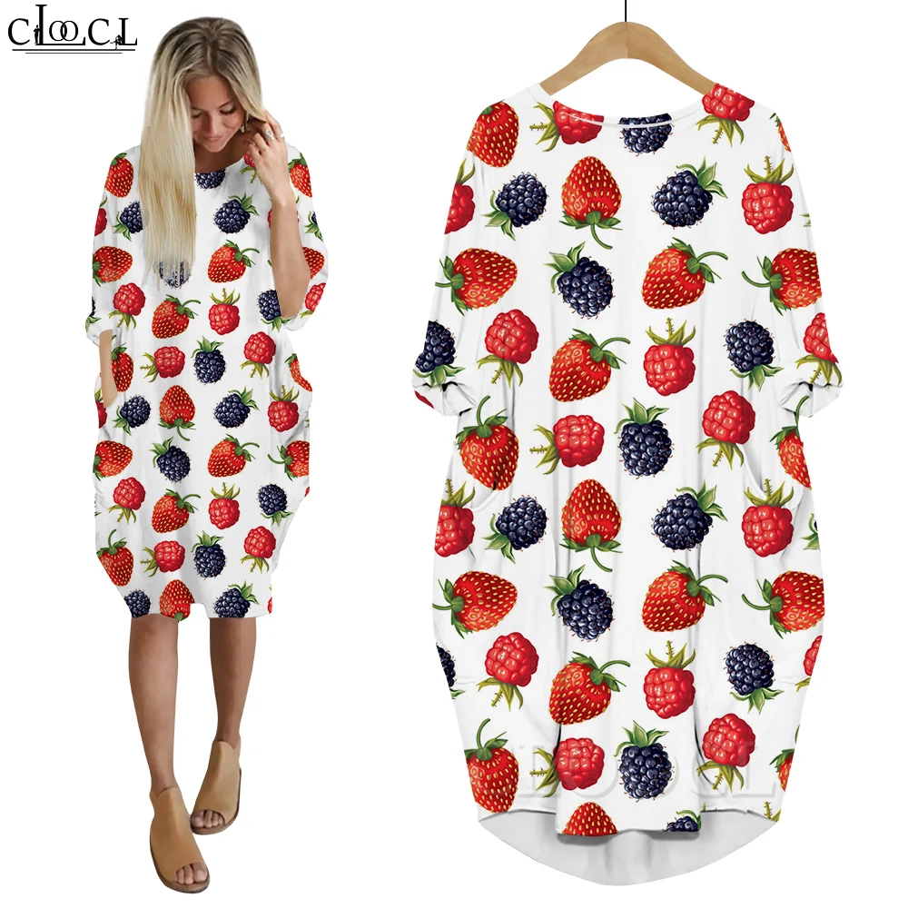 CLOOCL Dresses Women Harajuku Casual Pullover Shirt Dress Loose Fitting Long Sleeve Robe Femme Lovely Strawberry Dresses