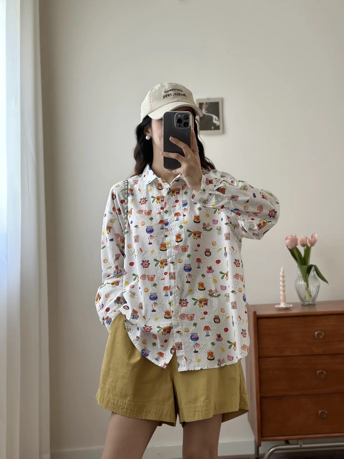 New 2026 Autumn Women Cotton Long Sleeve Shirt, Lapel Cartoon Print, Mori Girl French Age Reduction Chic Loose Blouse T66020CC