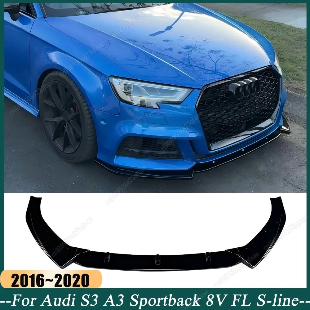 

3 шт. автомобильный передний бампер, спойлер, разделитель, диффузор для Audi S3 A3 Sportback 8V FL S-line 2016–2020 ABS, черный комплект кузова, тюнинг