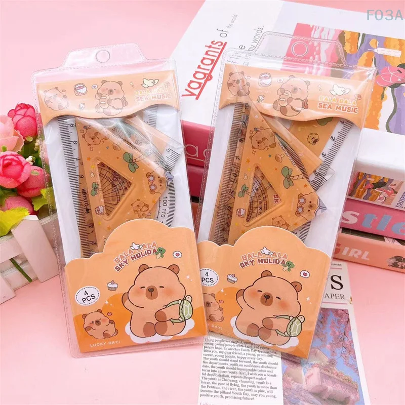 4pcs/set Creative Acrylic Capybara Set Of Rulers Drawing Tools Cute Cartoon Soft Ruler Set Office Supplies Set Square