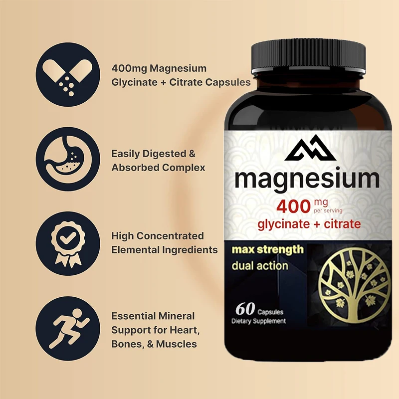 

60 capsules of glycine magnesium+citric acid 400 MG are essential minerals that support the heart, muscles, and digestion