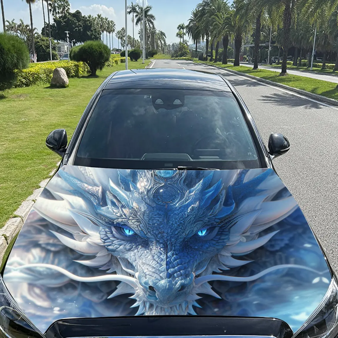 Fantasy Frost Dragon Car Vinyl Wrap, PVC Material Waterproof Car Hood Sticker, Self-Adhesive Scratch-Resistant Stickers for Engi