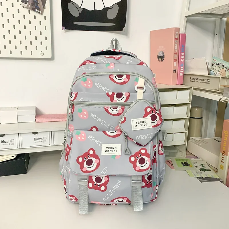 Tas punggung kasual kapasitas besar, tas ransel kasual kapasitas besar, mode, tren, motif kartun, tas sekolah imut manis, beruang stroberi Disney